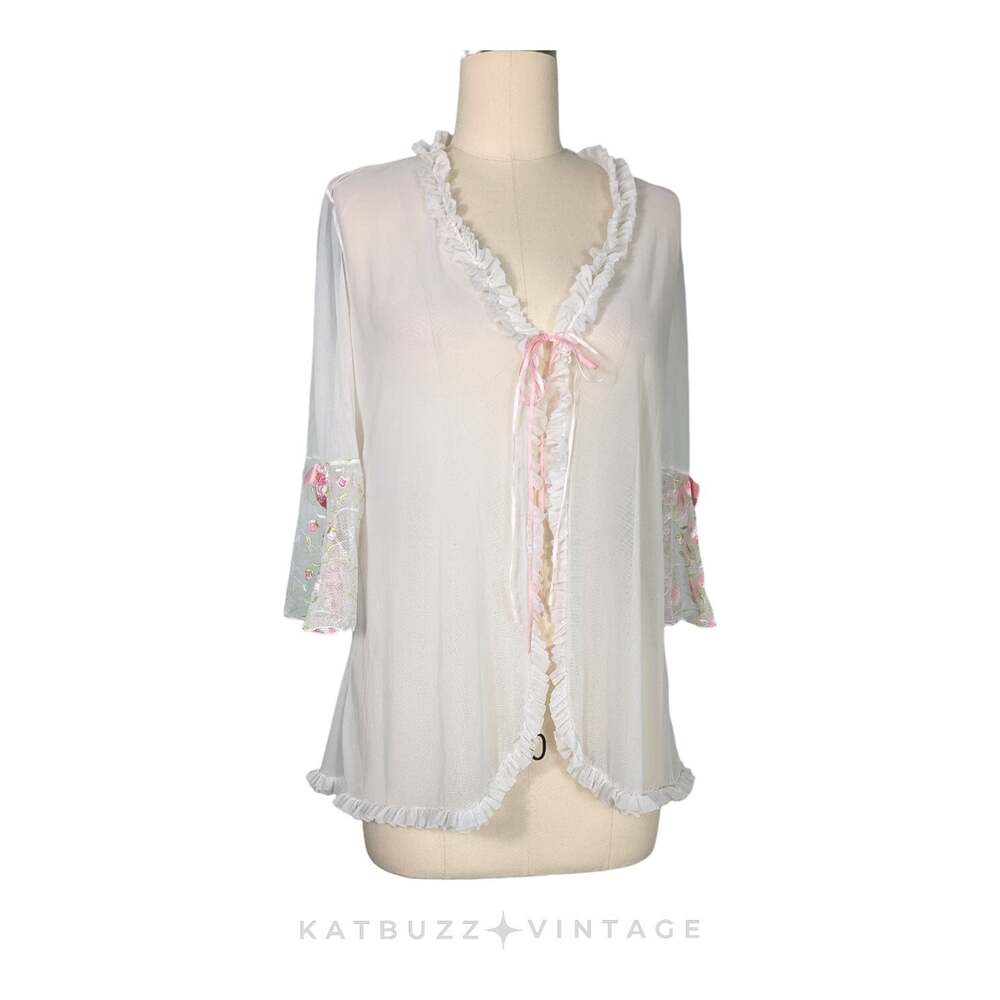 Delicates Sheer Cardigan Top M Cream Pink Y2K Fairy Coquette Mesh Floral Bow